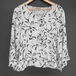 Habitat Blouse Womens L White Scoop Neck 3/4 Sleeve Floral Pleated Tunic